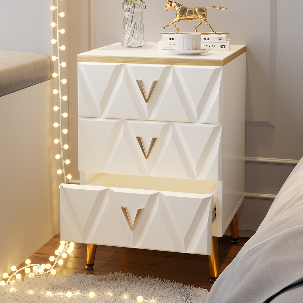 Nordic White Bedside Table 3-Drawer V-Shaped Gold Pulls in Large
