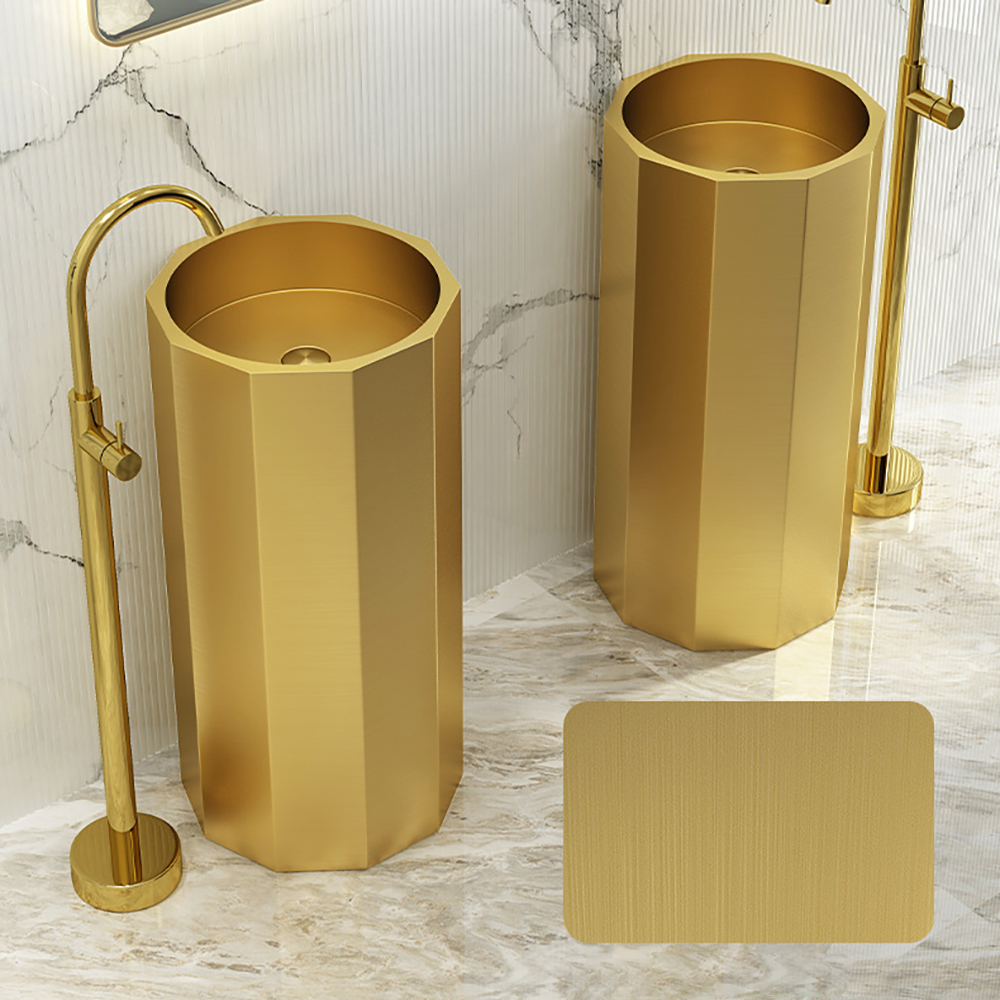 Brushed Gold Modern Stainless Steel Single Basin Pedestal Basin Freestanding