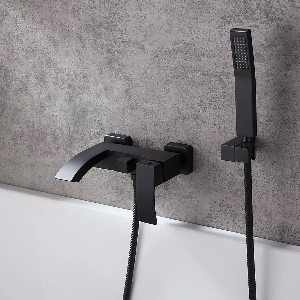 Ridge Wall Mount Waterfall Bathtub Faucet Matte Black with Hand Shower Solid Brass
