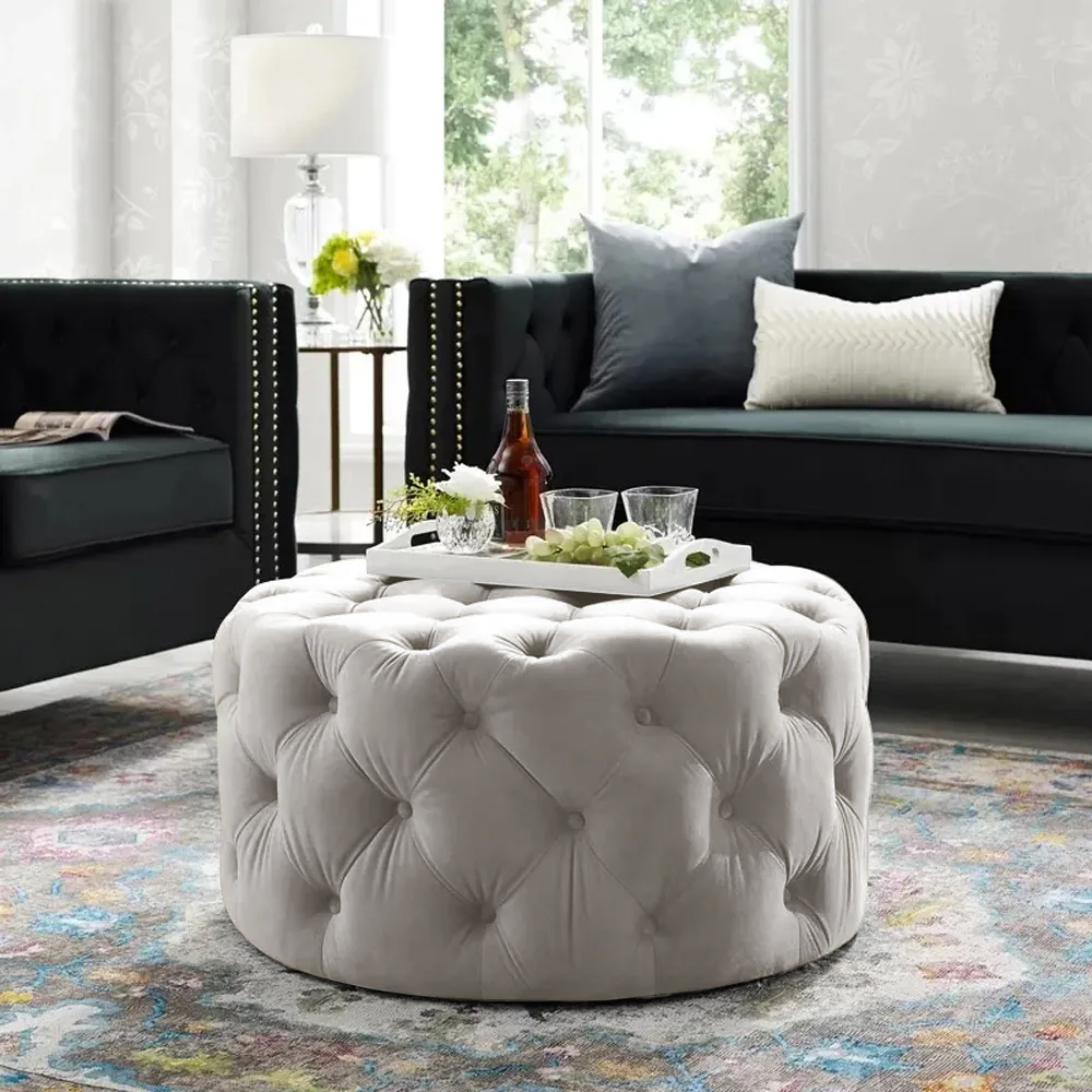 Tufted Ottoman Light Grey Velvet Coffee Table Tufted Cocktail Round Pouf Small