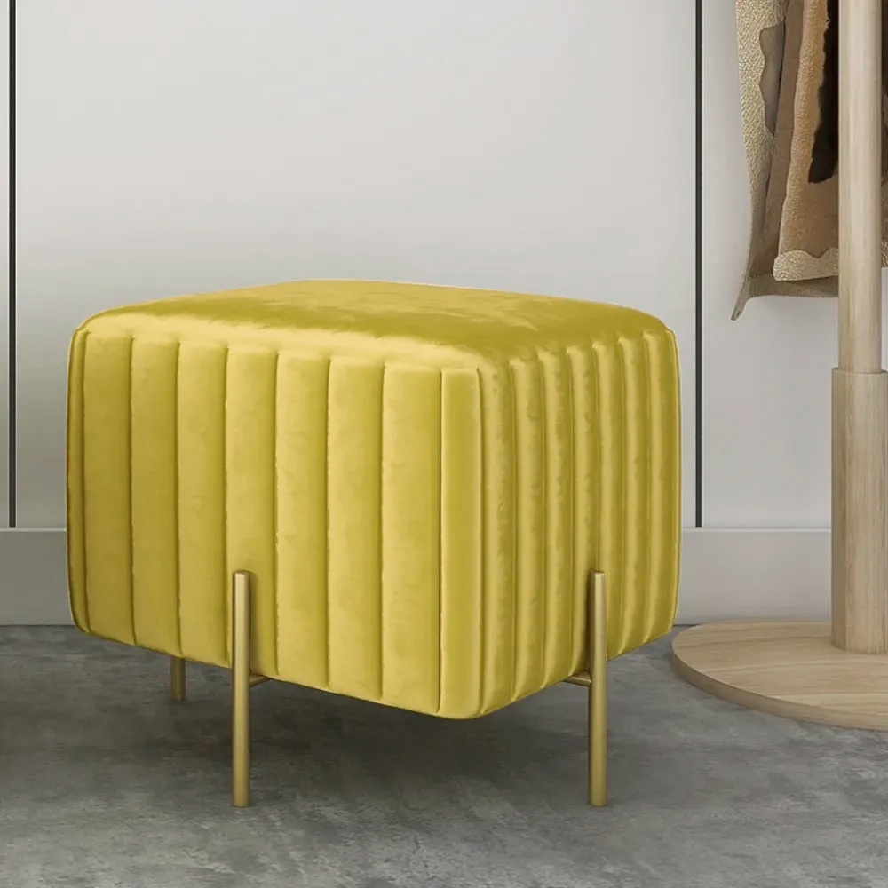 Contemporary Square Pouf Ottoman Upholstered Velvet Ottoman Footrest in Yellow