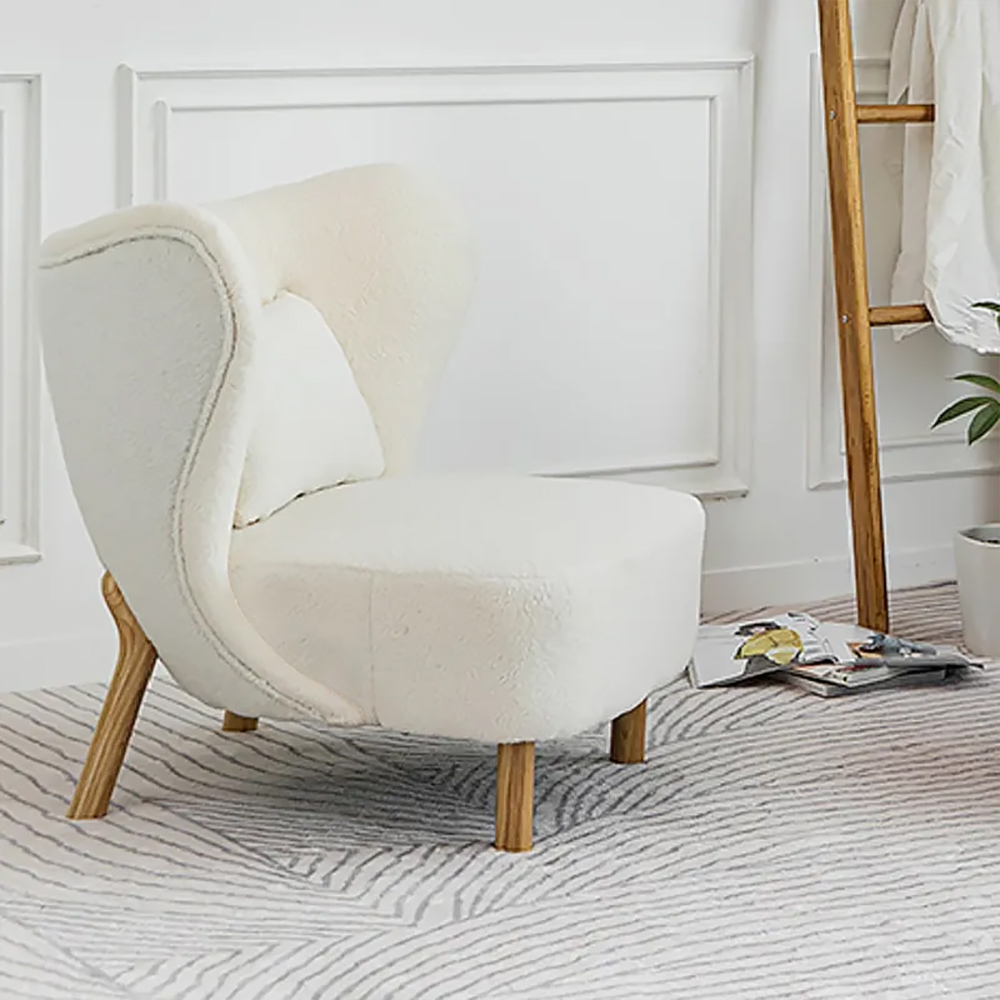 White Lamb Wool Accent Chair Wingback Chair in Wooden Frame