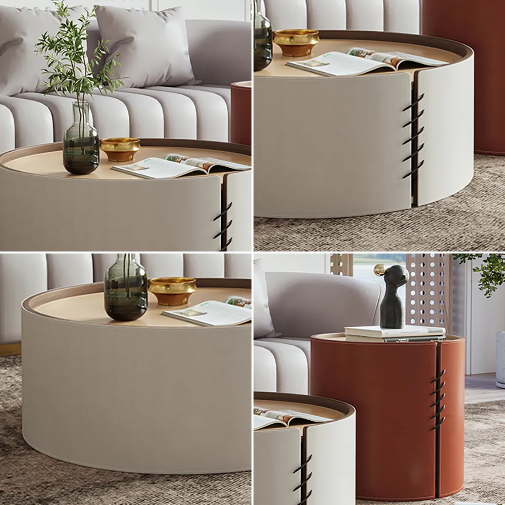 Round Coffee Table Sets with Saddle Leather & Plywood & Metal Set of 2