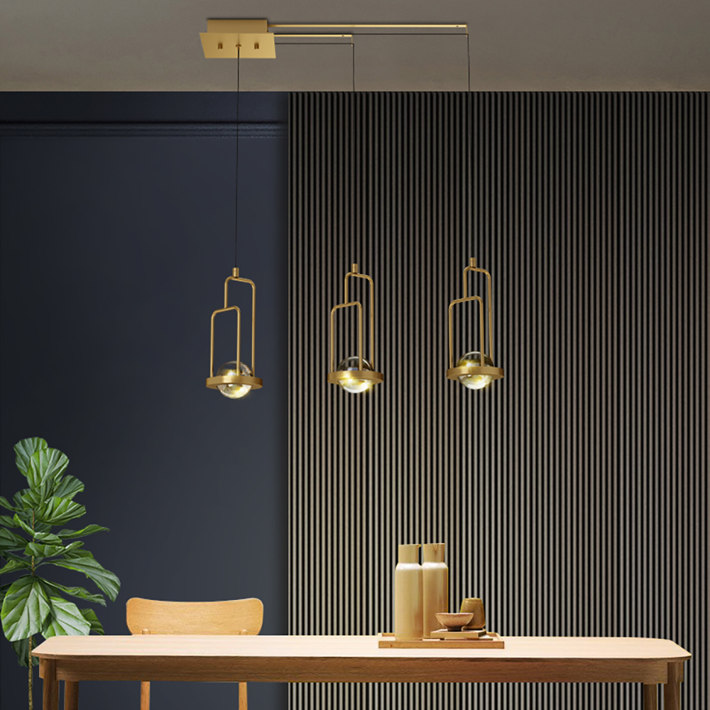 

Modern Linear Kitchen Hanging Island light 3-Light with Crytal Ball & Brass Finish