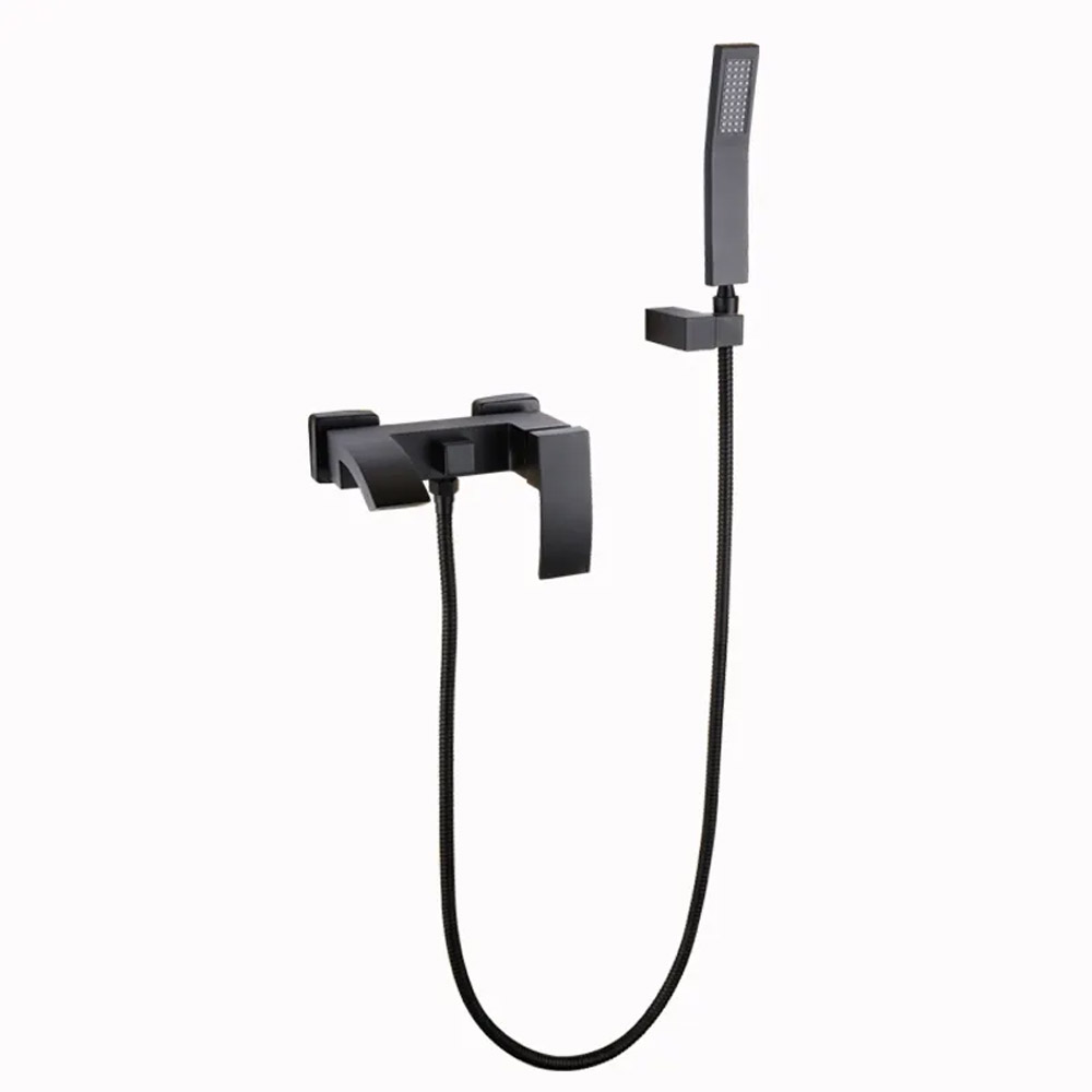 Ridge Wall Mount Waterfall Bathtub Faucet Matte Black with Hand Shower Solid Brass