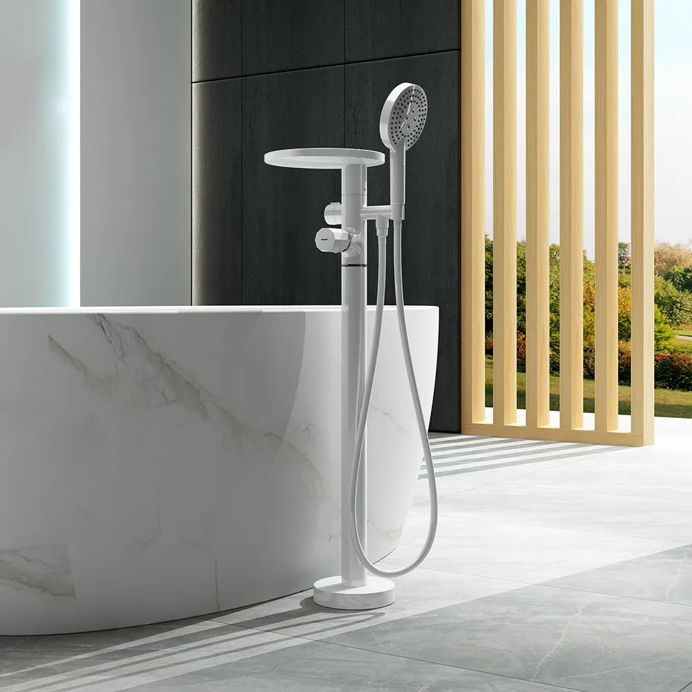 

Floor Mounted Tub Faucet with Handshower & Stone Top in White & Rose Gold