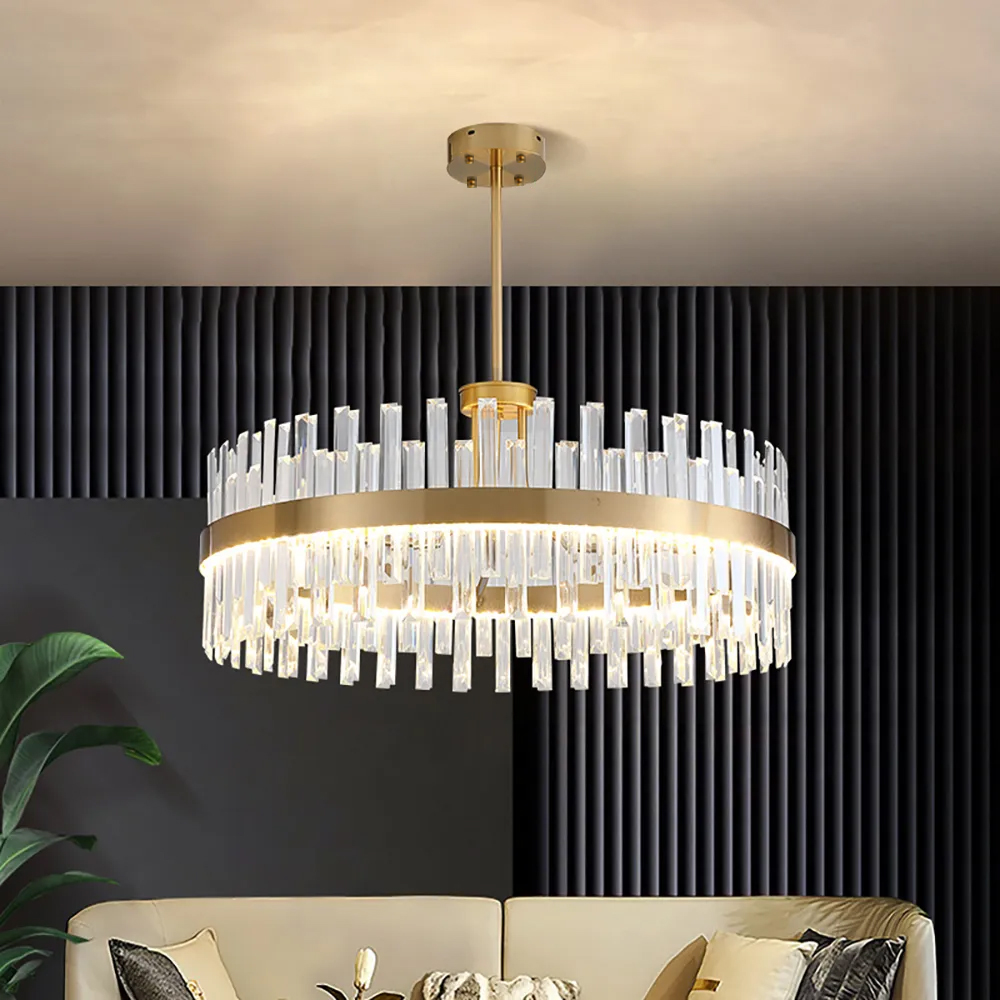 Modern Crystal Stripe Chandelier with Round Frame in Brass
