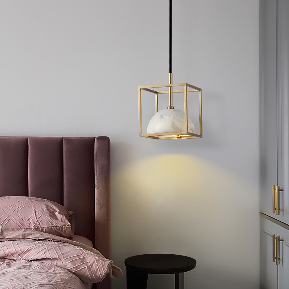

Brass Geometric Pendant Light with White Faux Marble Shade