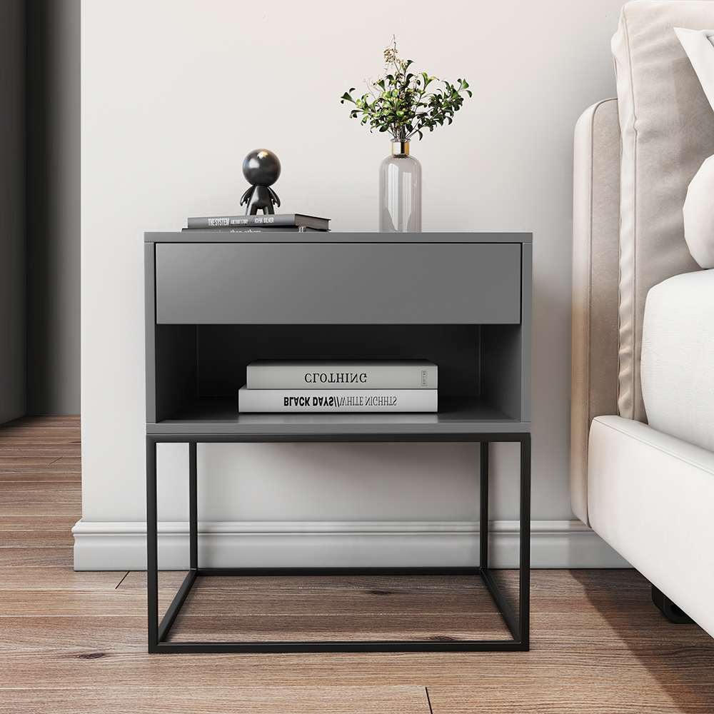 Grey Bedroom Nightstand with Drawer Bedside Table Metal Base