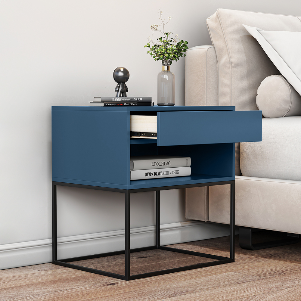 Blue Bedroom Nightstand with Drawer Bedside Table Metal Base