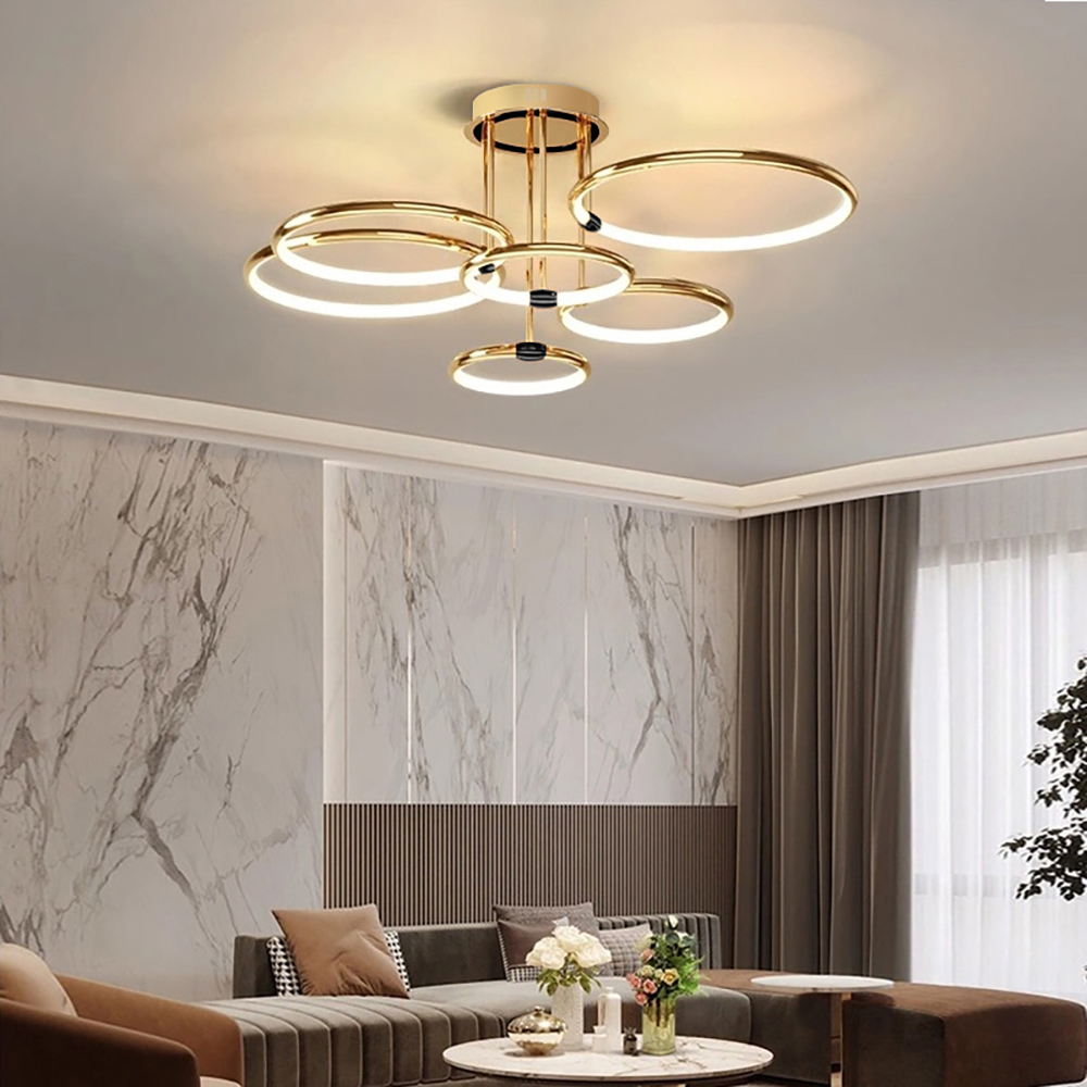 

6-Light Gold Semi Flush Mount Light Circle Metal Led Chandelier