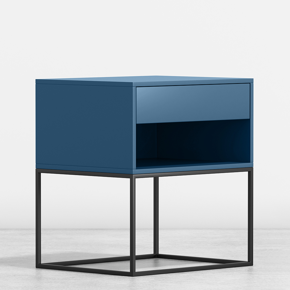 Blue Bedroom Nightstand with Drawer Bedside Table Metal Base