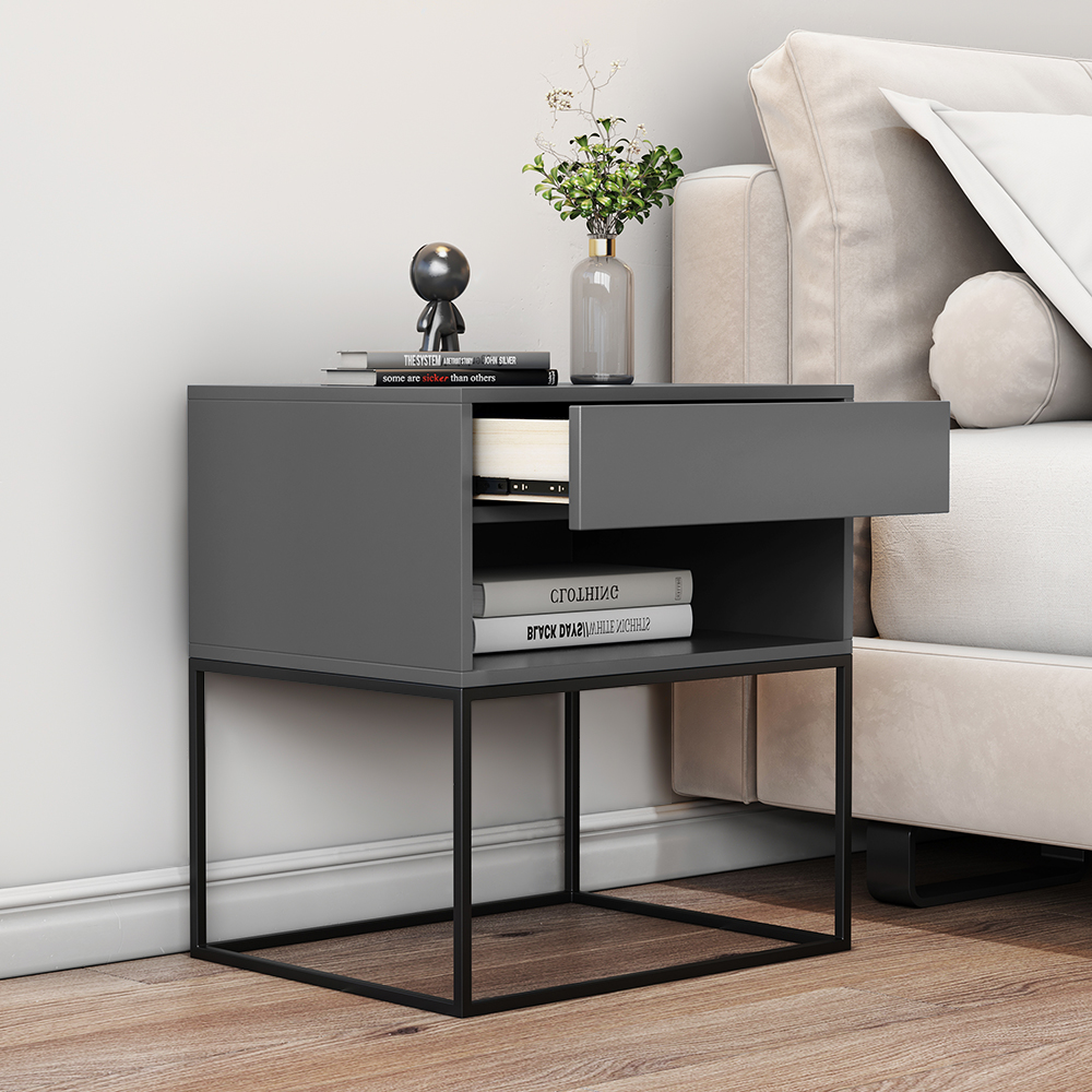 Grey Bedroom Nightstand with Drawer Bedside Table Metal Base