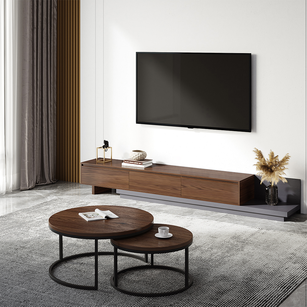 Minimalistisches ausziehbares TV-Möbel mit 3 Schubladen in Nussbaum und Grau bis zu 120 Zoll