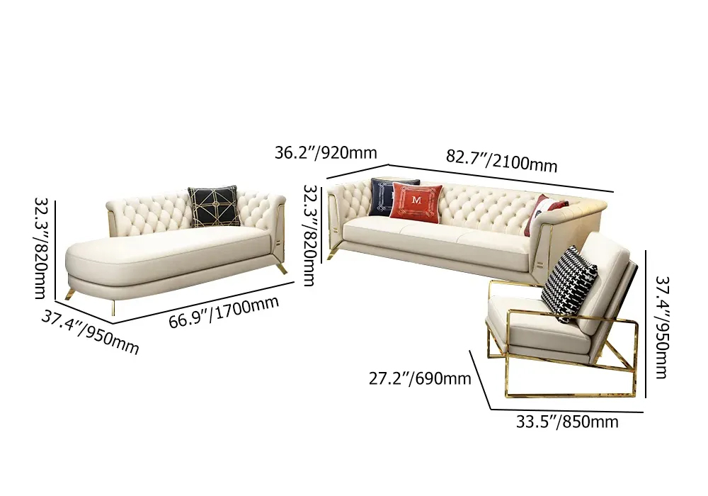 3 Piece Modern Living Room Set Chesterfield Sofa with Chaise in Off-White