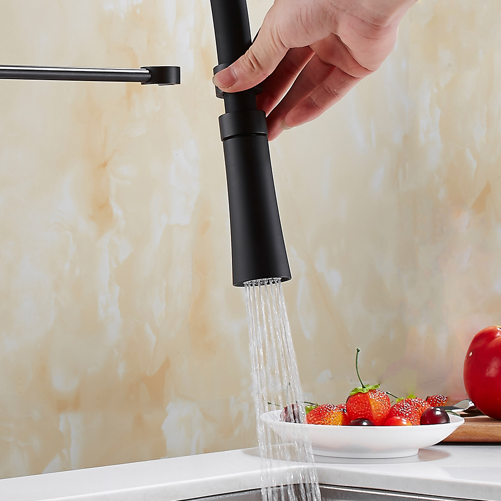Modern Sleek Black Pull-Down Spray Kitchen Faucet Single Handle Solid Brass