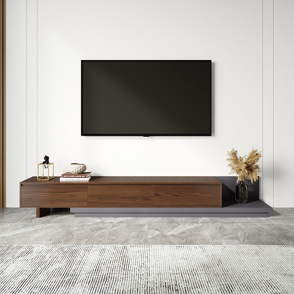 Minimalistisches ausziehbares TV-Möbel mit 3 Schubladen in Nussbaum und Grau bis zu 120 Zoll