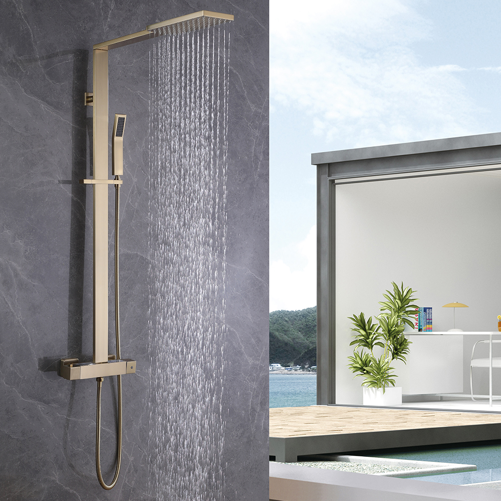 

Exposed Thermostatic Shower Fixture with Rain Shower Head and Hand Shower Brushed Gold