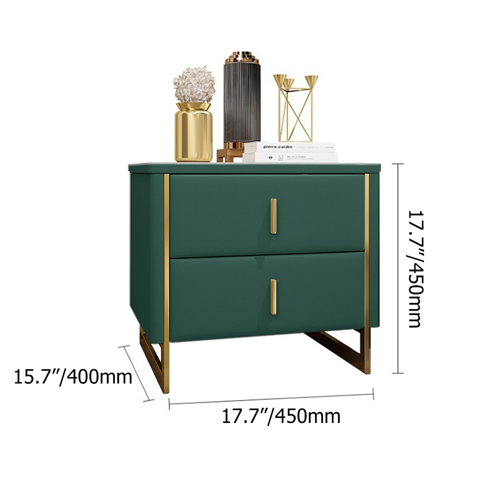 Modern Green Nightstand 2-Drawer Faux Leather Bedside Table in Gold