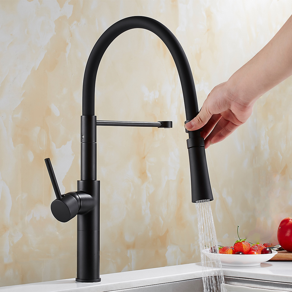 Modern Sleek Black Pull-Down Spray Kitchen Faucet Single Handle Solid Brass