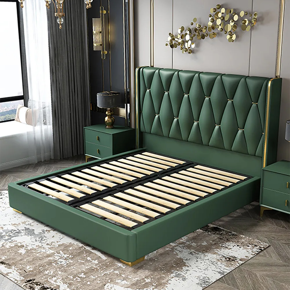 Queen Upholstered Platform Bed Green Low Profile Bed with Wood Slats ...