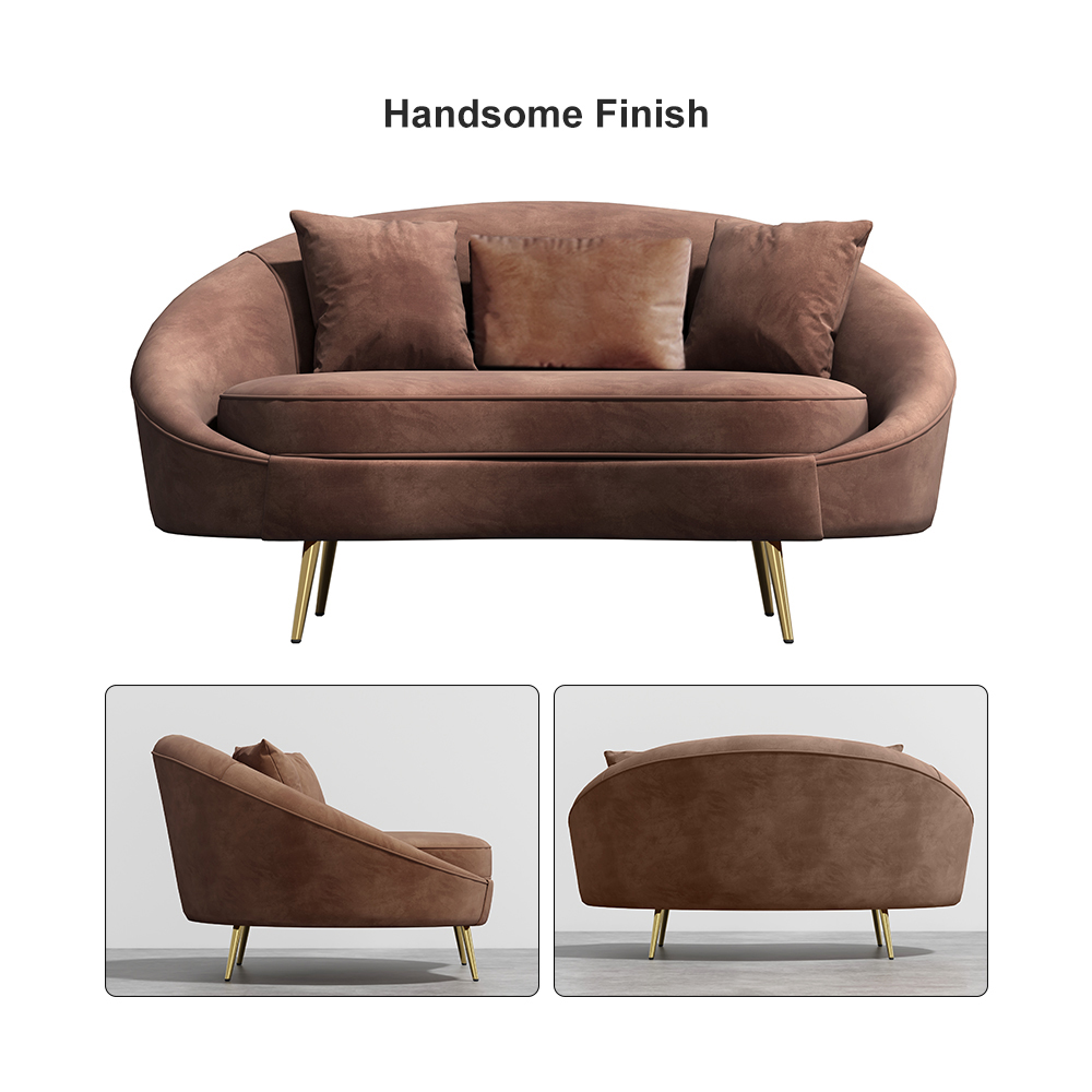 Modern 1600mm Brown Velvet Curved Sofa 2-Seater Sofa Gold Metal Legs Pillows Included
