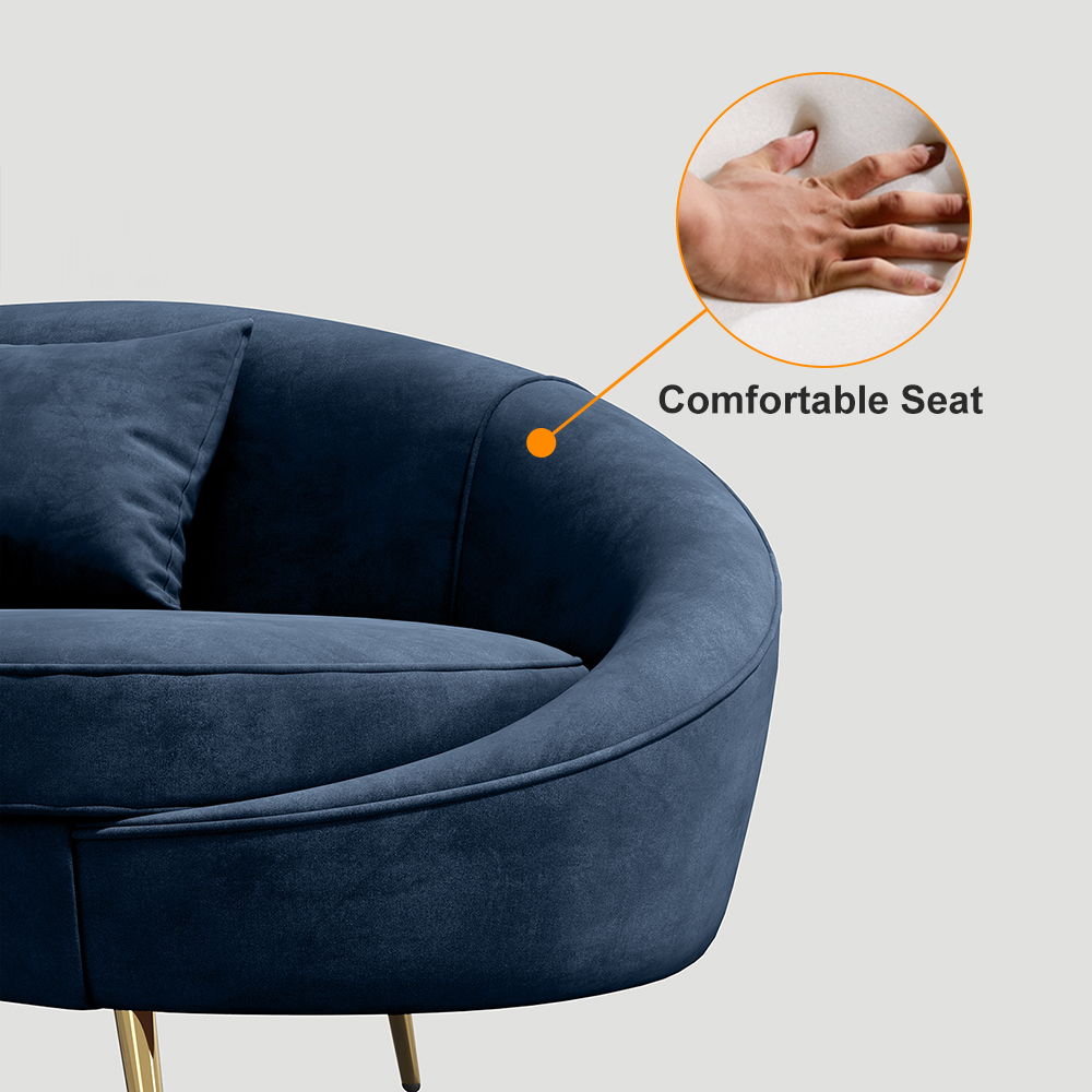Moderno sofá curvado de terciopelo azul de 2100 mm, sofá de 3 plazas, patas de metal dorado, almohada incluida