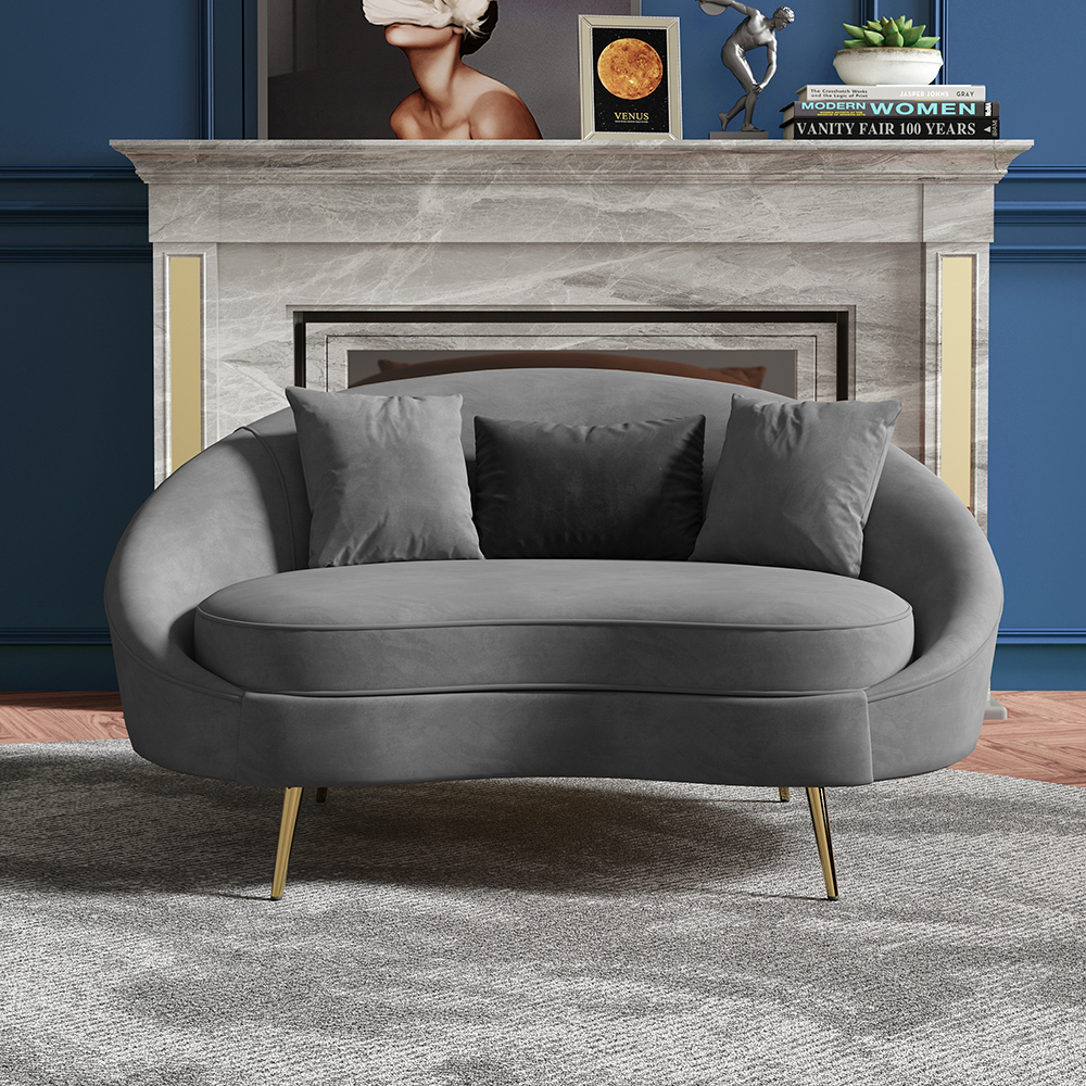 Modern 1600mm Grey Velvet Curved Sofa Love Seat Sofa Gold Metal Legs Pillows Included
