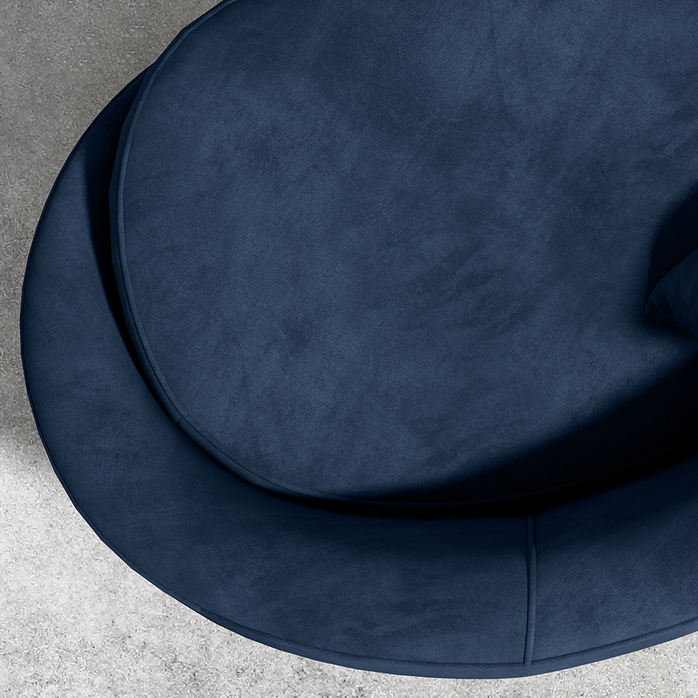 Modernes 2100 mm blaues Samt-gebogenes Sofa 3-Sitzer-Sofa mit goldenen Metallbeinen
