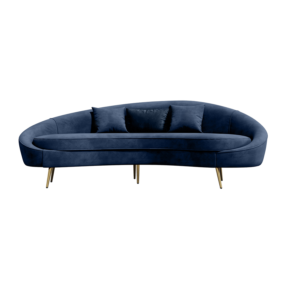 Canapé 3 places moderne courbé en velours bleu 2100 mm, pieds en métal doré, coussin inclus