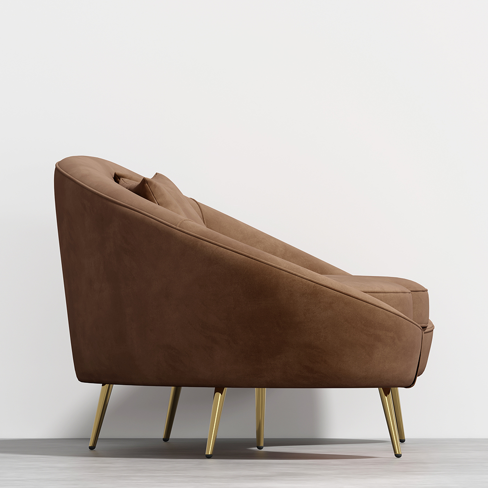 Canapé courbé moderne de 95 po en velours marron avec pieds en métal doré et coussins