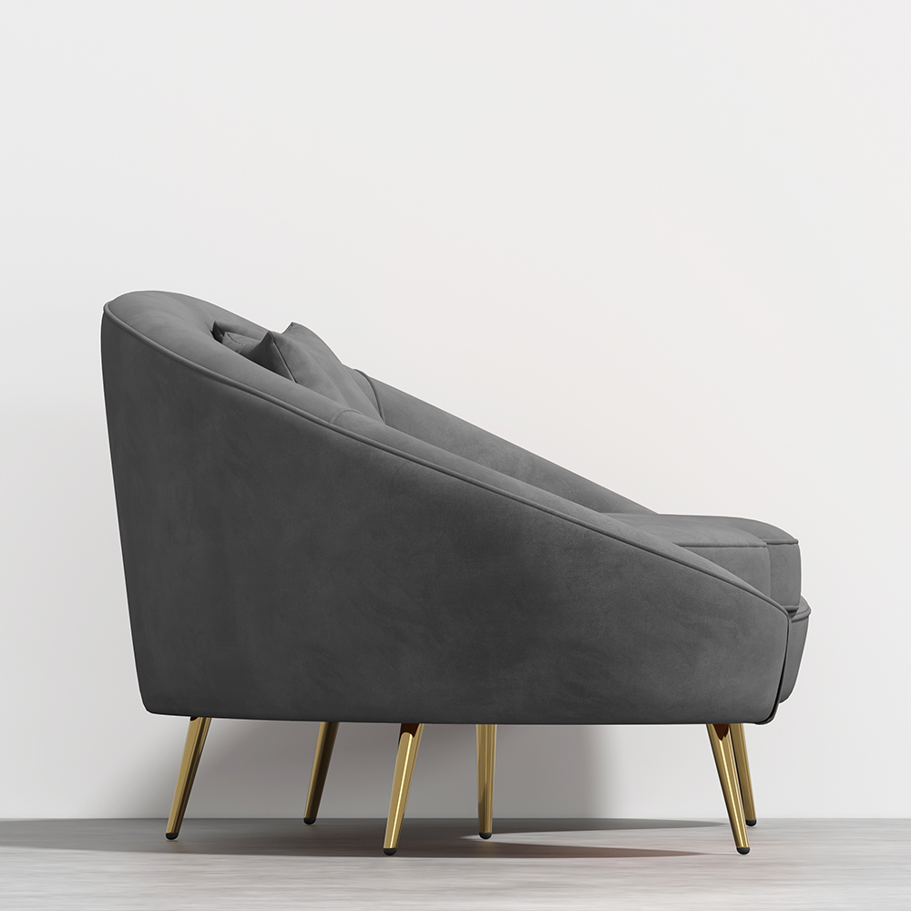 Modernes Sofa aus grauem Samt, 2400 mm, mit goldenen Metallbeinen und Wurfkissen
