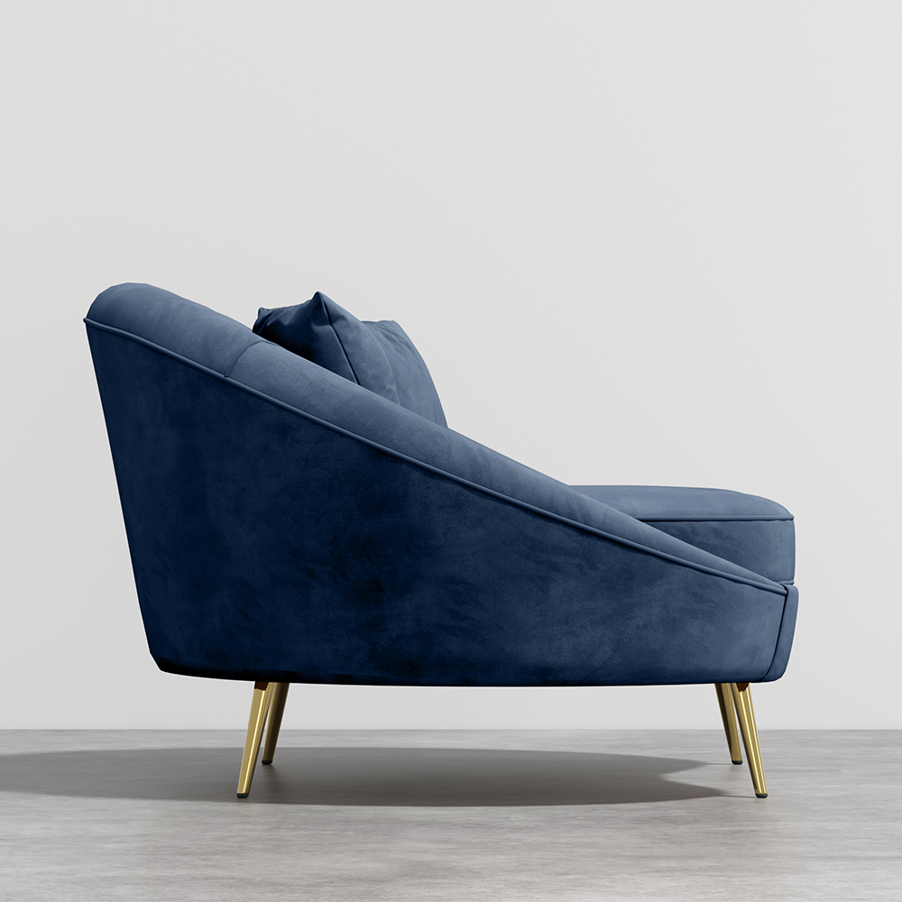 Canapé incurvé en velours bleu moderne 63 po, oreiller en métal doré inclus