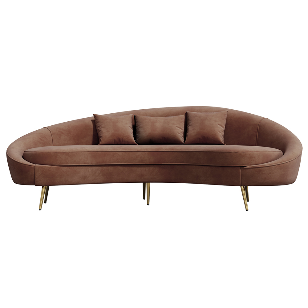 Canapé 3 places moderne en velours marron courbé de 83 po, pieds en métal doré, coussin inclus
