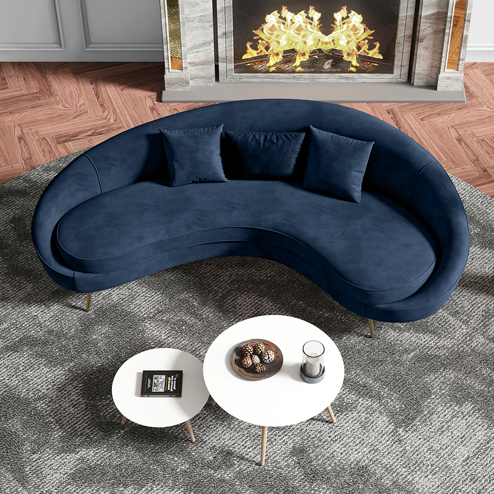 Modern 2100mm Blue Velvet Curved Sofa 3 Seater Sofa Gold Metal Legs Toss Pillow Included