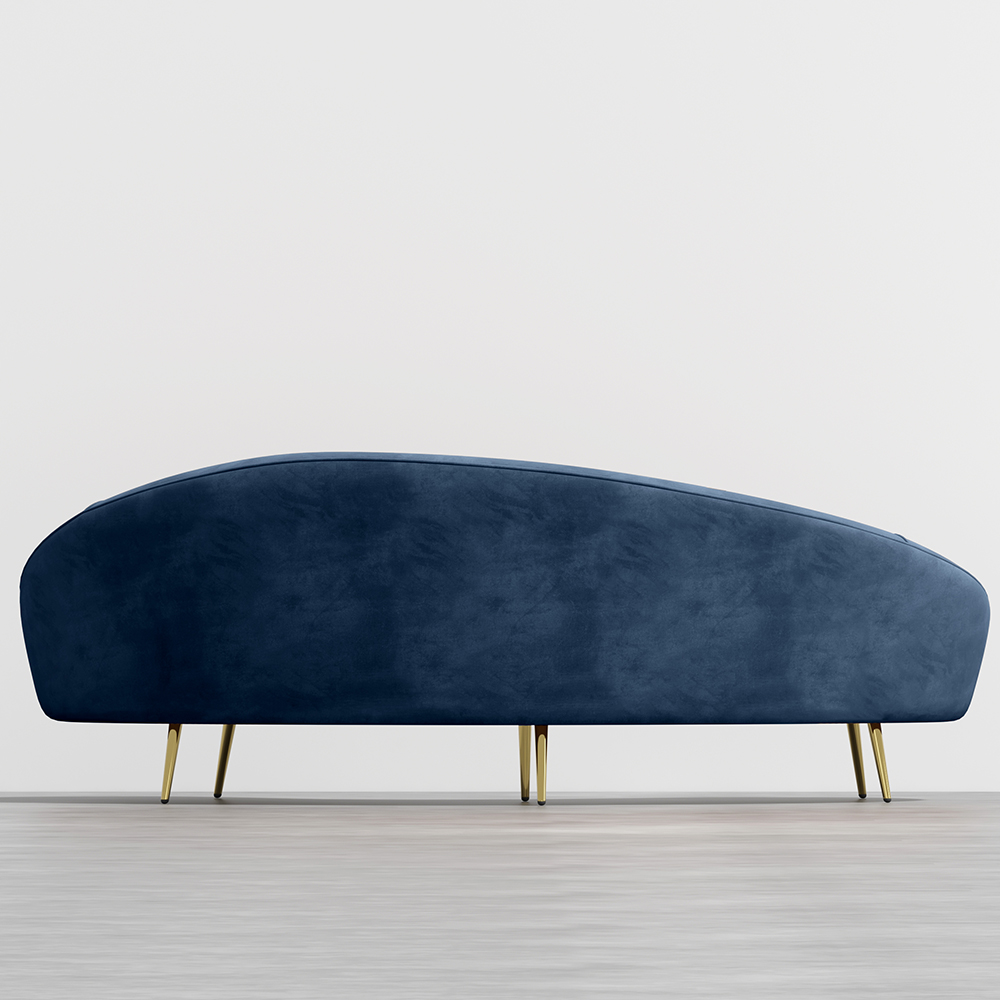 Modern 2400mm Blue Velvet Curved Sofa Gold Metal Legs with Toss Pillows
