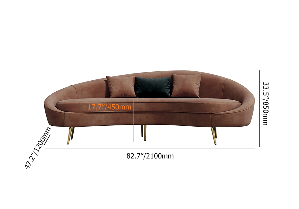 Canapé 3 places moderne en velours marron courbé de 83 po, pieds en métal doré, coussin inclus
