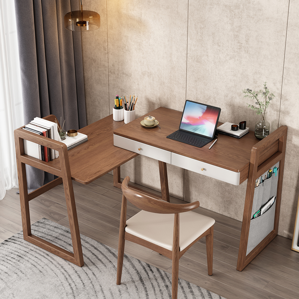 Modern I Shaped Desk Retracted & Extendable Corner Walnut Desk with ...