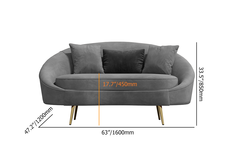 Modern 63" Gray Velvet Curved Sofa Love Seat Sofa Gold Metal Legs Pillows Included