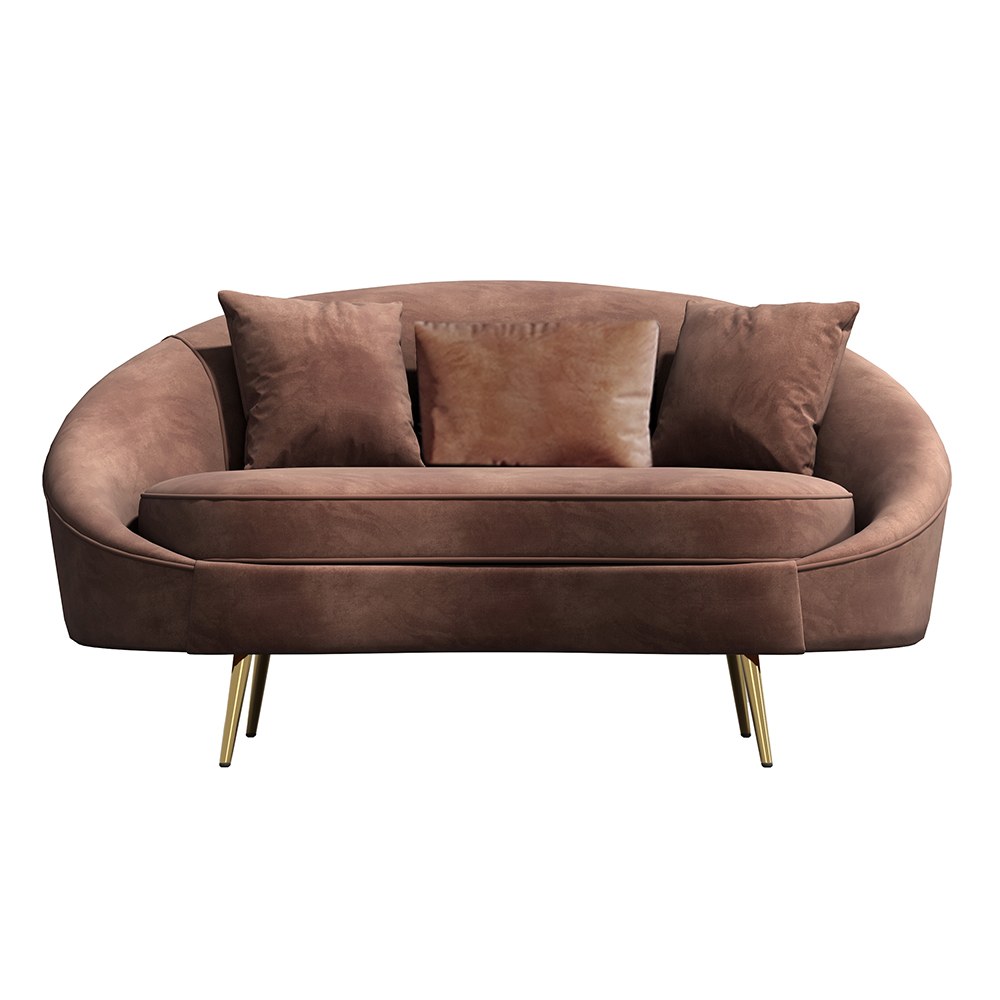 Modernes 1600 mm braunes Samt-Sofa, geschwungenes 2-Sitzer-Sofa, goldfarbene Metallbeine