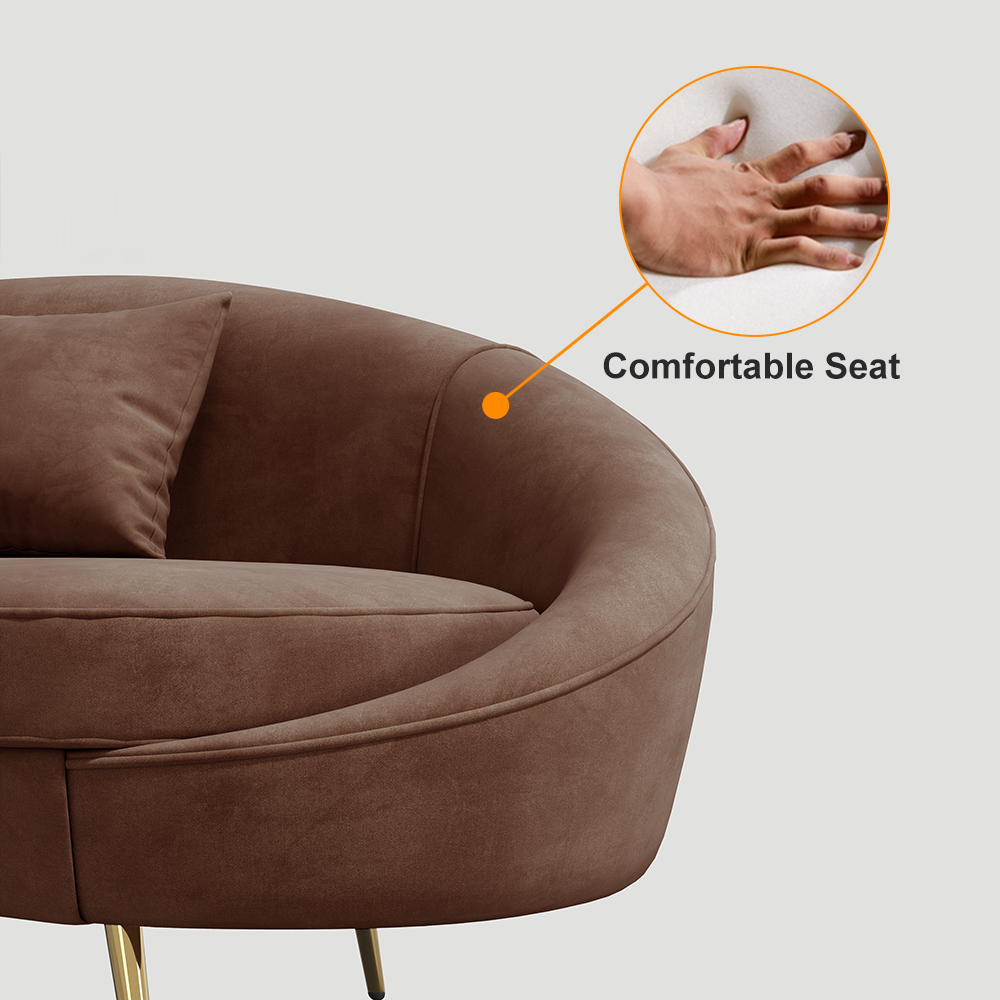 Modernes 1600 mm braunes Samt-Sofa, geschwungenes 2-Sitzer-Sofa, goldfarbene Metallbeine