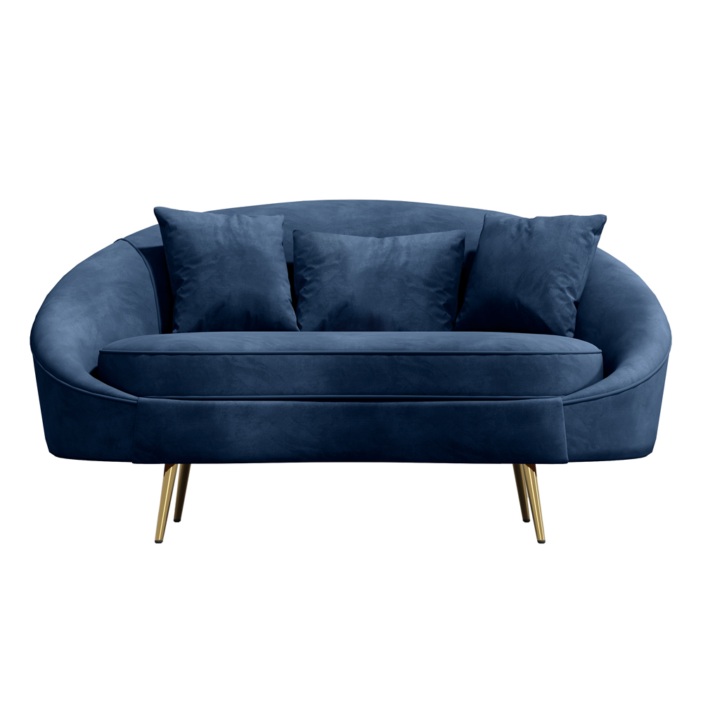 Sofá curvo moderno de terciopelo azul de 63 pulgadas, almohada de metal dorado incluido