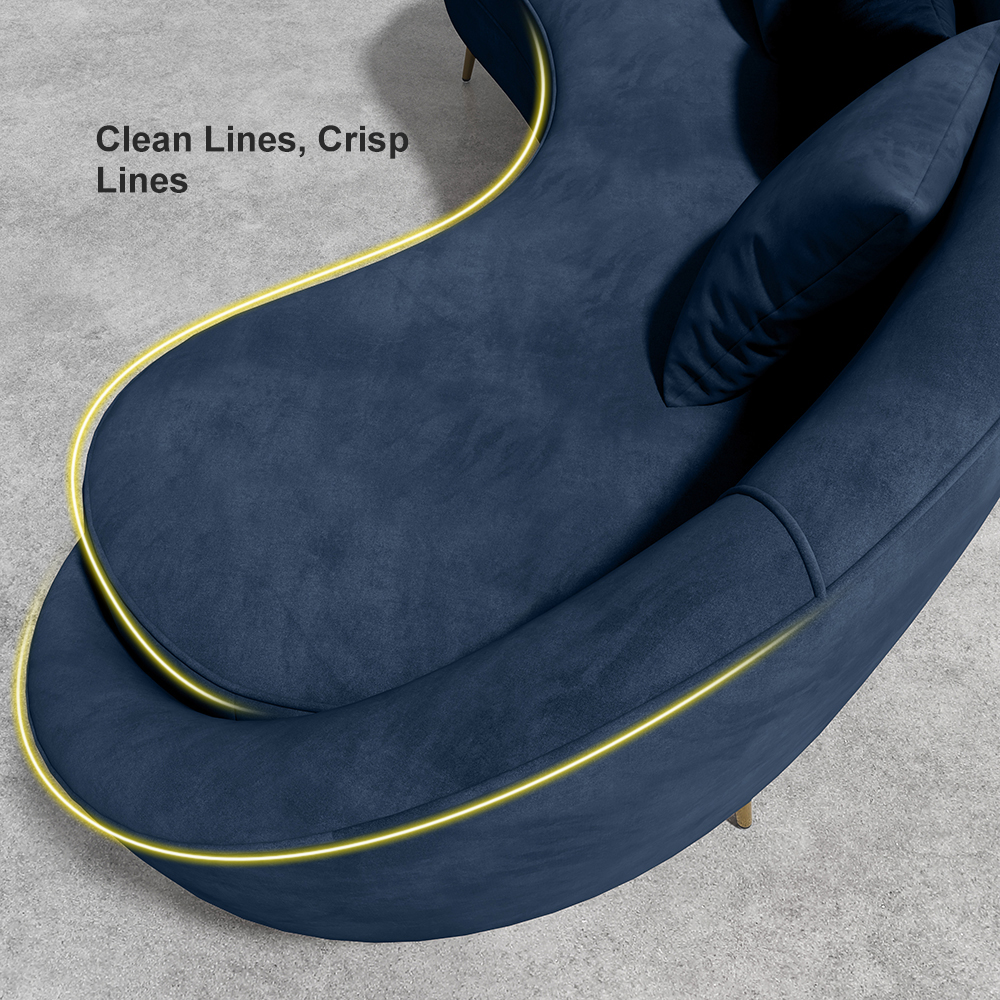 Moderno sofá curvado de terciopelo azul de 2100 mm, sofá de 3 plazas, patas de metal dorado, almohada incluida