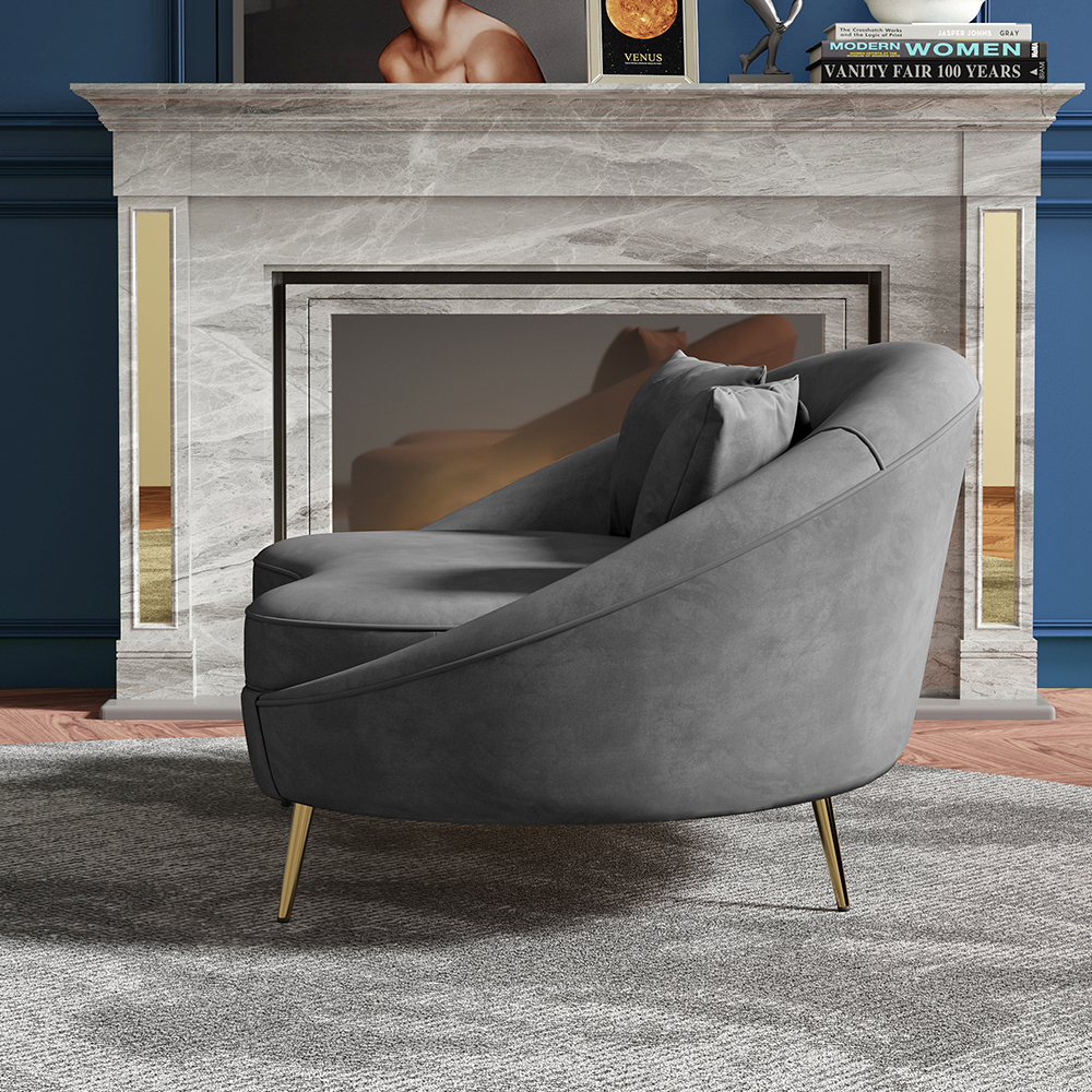 Modernes 63 „grauer Samt, geschwungenes Sofa, Liebessitz, Sofa, goldfarbene Metallbeine