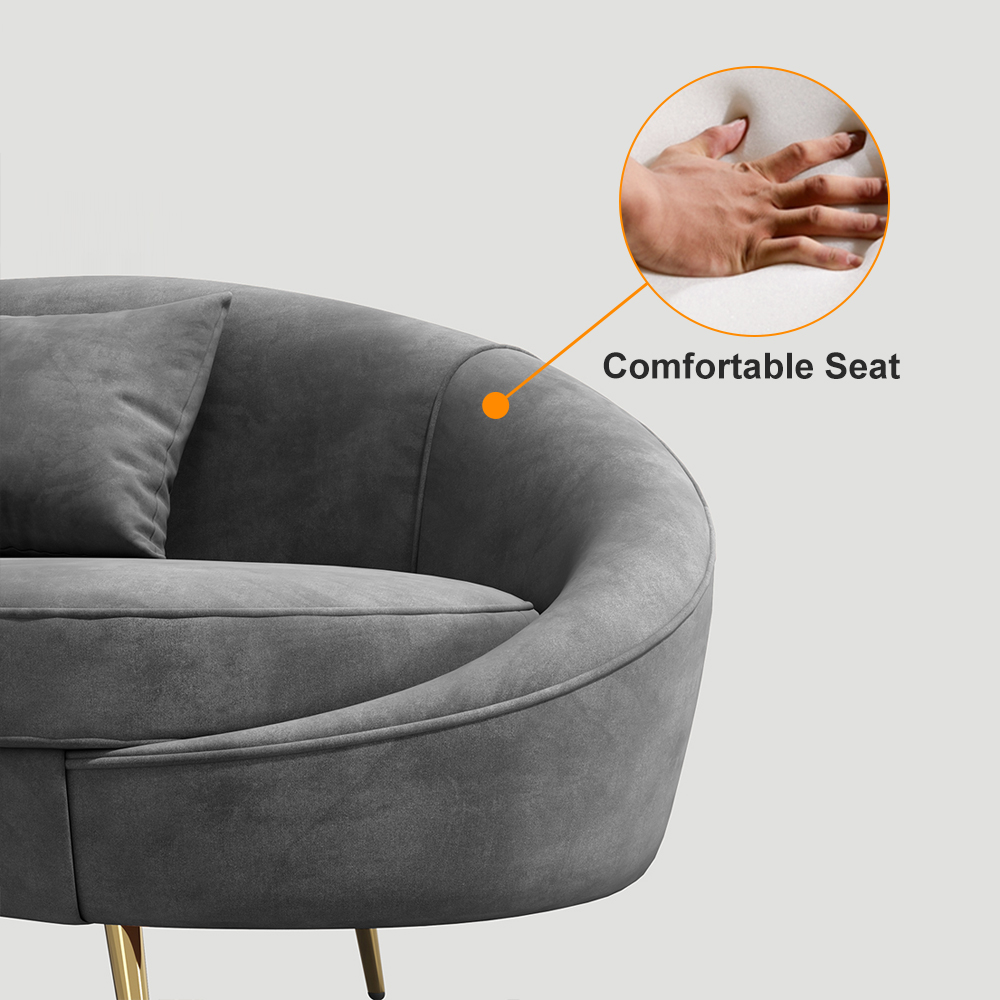 Canapé 3 places moderne courbé en velours gris 2100 mm, pieds en métal doré, coussin inclus
