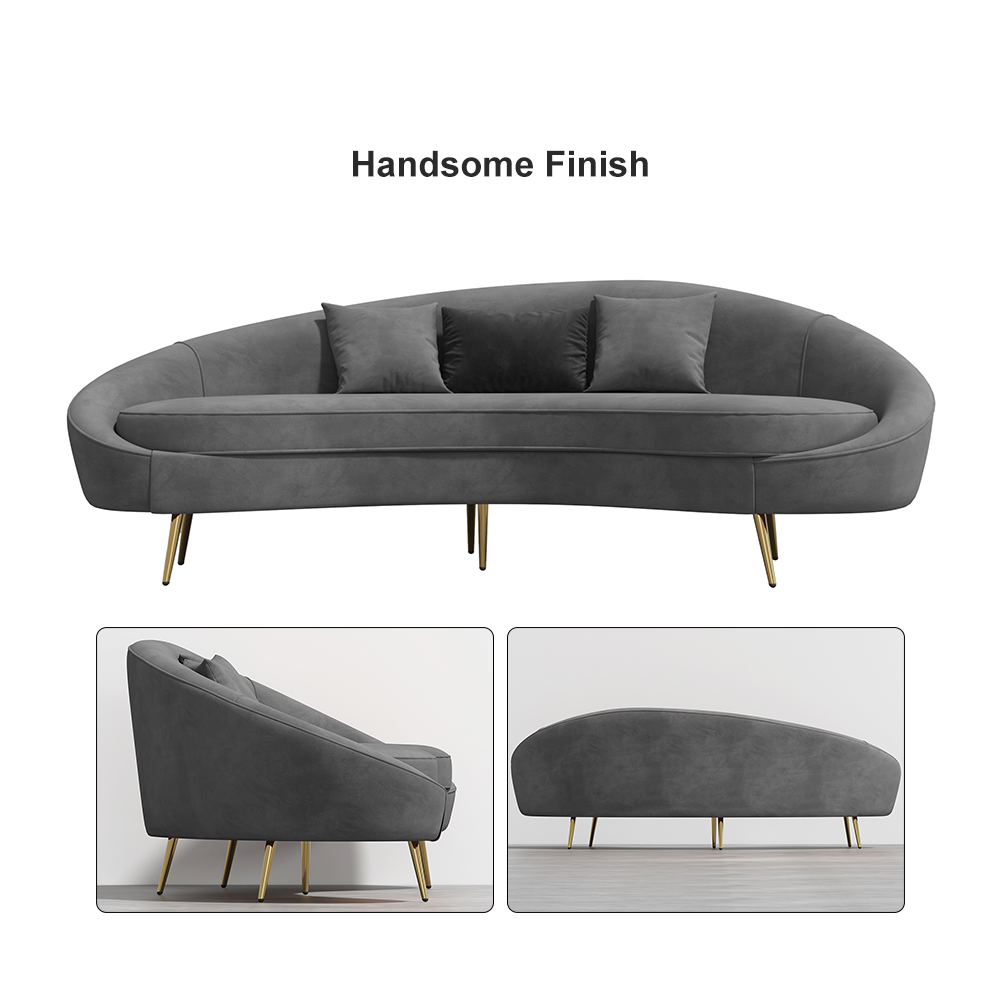 Modern 2100mm Grey Velvet Curved Sofa 3 Seater Sofa Gold Metal Legs Toss Pillow Included