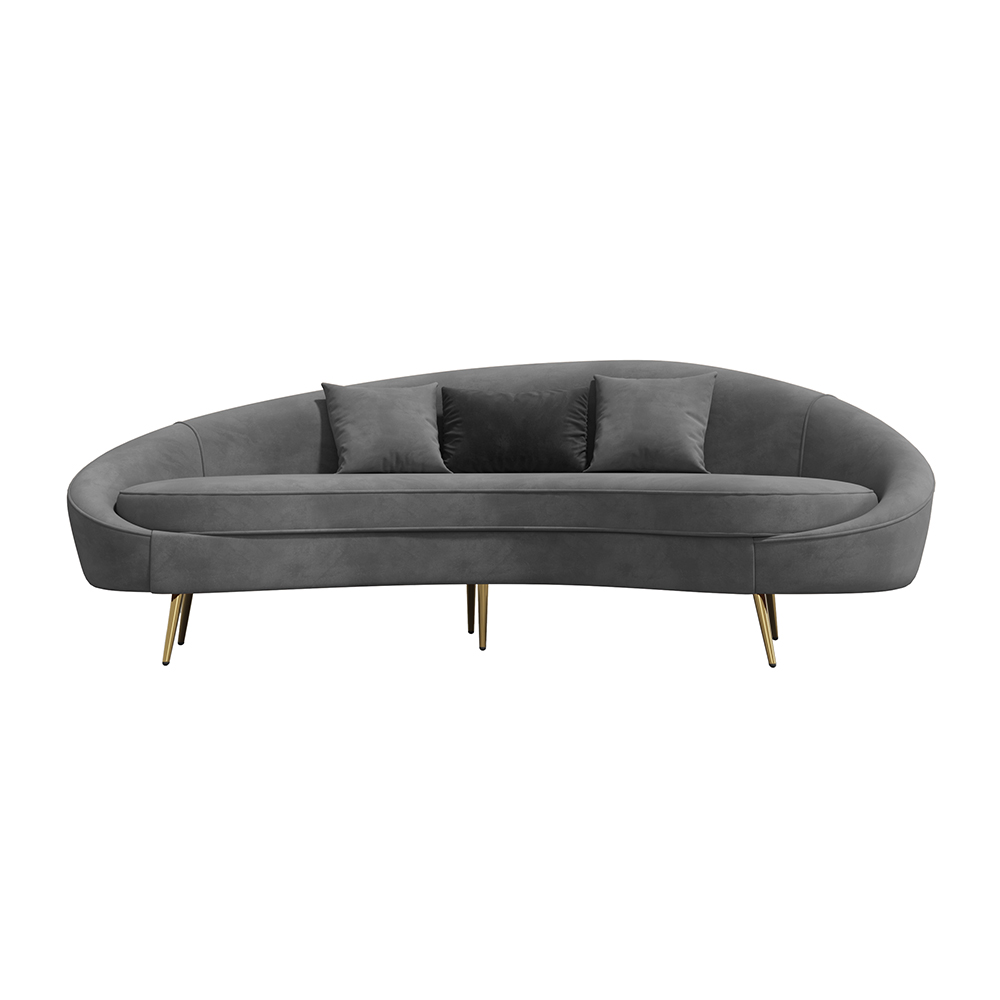 Modern 2400mm Grey Velvet Curved Sofa Gold Metal Legs with Toss Pillows