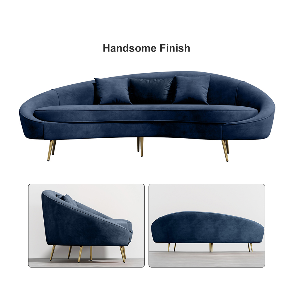 Canapé 3 places moderne courbé en velours bleu 2100 mm, pieds en métal doré, coussin inclus