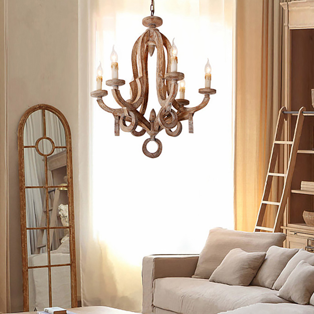 Classic 6-Light Chic Sculpted Wood Chandelier with Candle Shaped