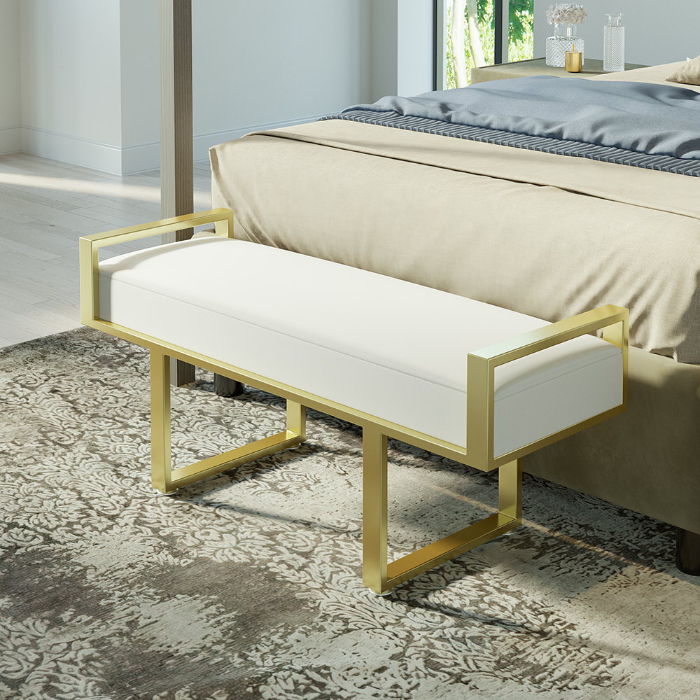 Moderne Schlafzimmerbank aus weißem Leinen gepolsterte Ottomane für das Ende des Bettes